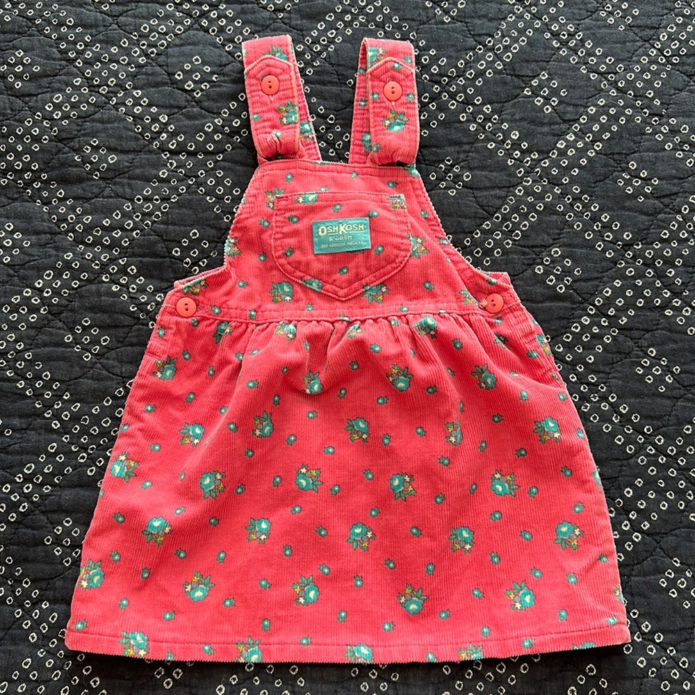 Vintage OshKosh Pink Corduroy Floral Overall Dress Size 3